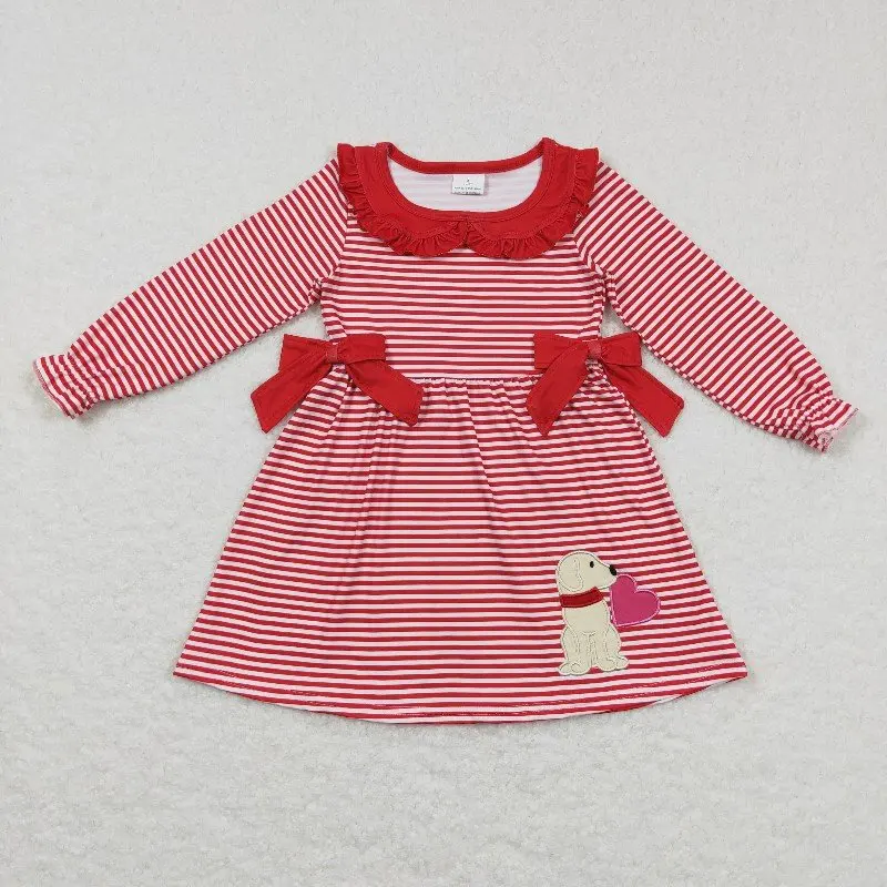 Red Stripes Dog Heart Embroidery Print Girls Valentine's Day Knee Length Dress Wholesale RTS Boutique Holiday Toddlers Clothing