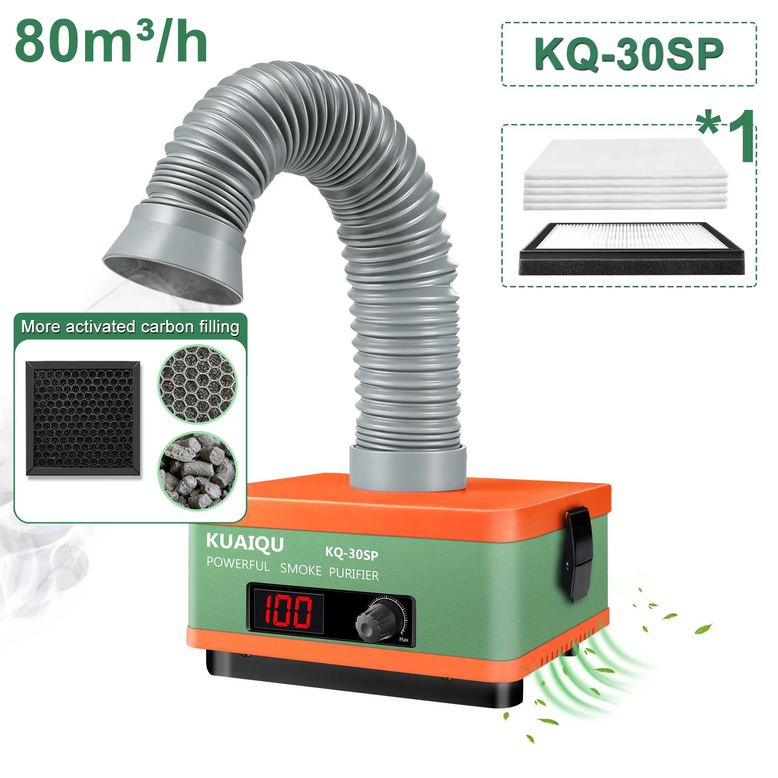 KUAIQU Rauchabsauger 30W 45W 80W 150W Lötrauchgerät H13 HEPA 3-Stufen-Aktivkohlefilter-Schwamm für Schönheitspflege 3D-Drucker PCB-Lötstation Flussrauch-Entfernung Lasergravur Werkstatt Einstellbarer
