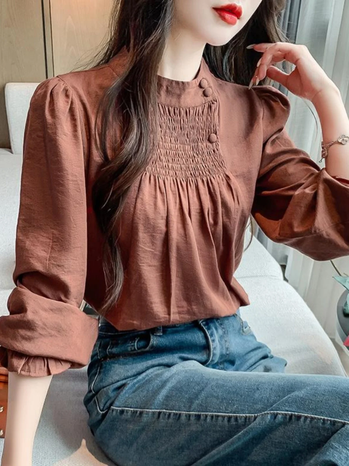 

Женская блузка Fenixuan с длинным рукавом и воротником-стойкой, весенняя новинка, модный базовый топ в корейском стиле