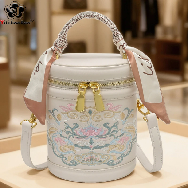 

Fashion Embroidery Bucket Bag Cylindrical Shoulder Bags Ladies Small Handbag Designer Quality Leather Crossbody Bags for Women
