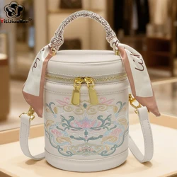 Fashion Embroidery Bucket Bag Cylindrical Shoulder Bags Ladies Small Handbag Designer Quality Leather Crossbody Bags for Women