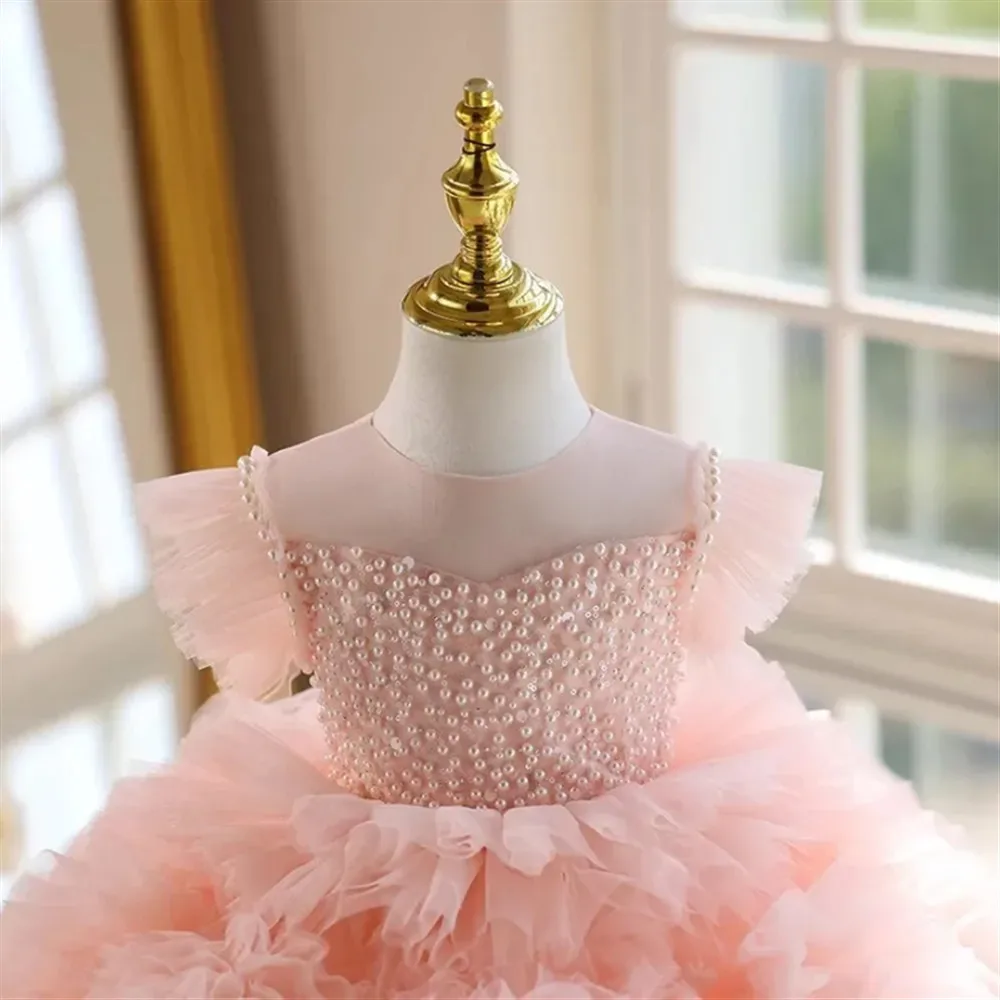 Роскошное свадебное платье принцессы с цветочным узором для девочек, плиссированное пышное платье с жемчугом для маленьких детей, праздничное платье на день рождения, пышное платье, банкетное платье