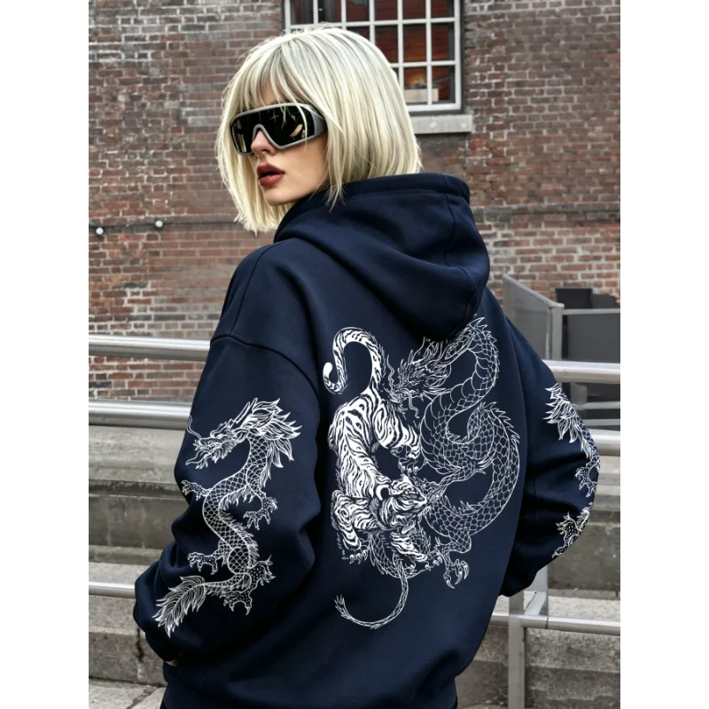 Vintage Hoodie im Drachen- und Tiger-Tattoo-Stil, Unisex, Harajuku Streetwear, Pullover mit Kapuze, Sweatshirt für Herren und Damen, lässige Oberteile – Detail 3