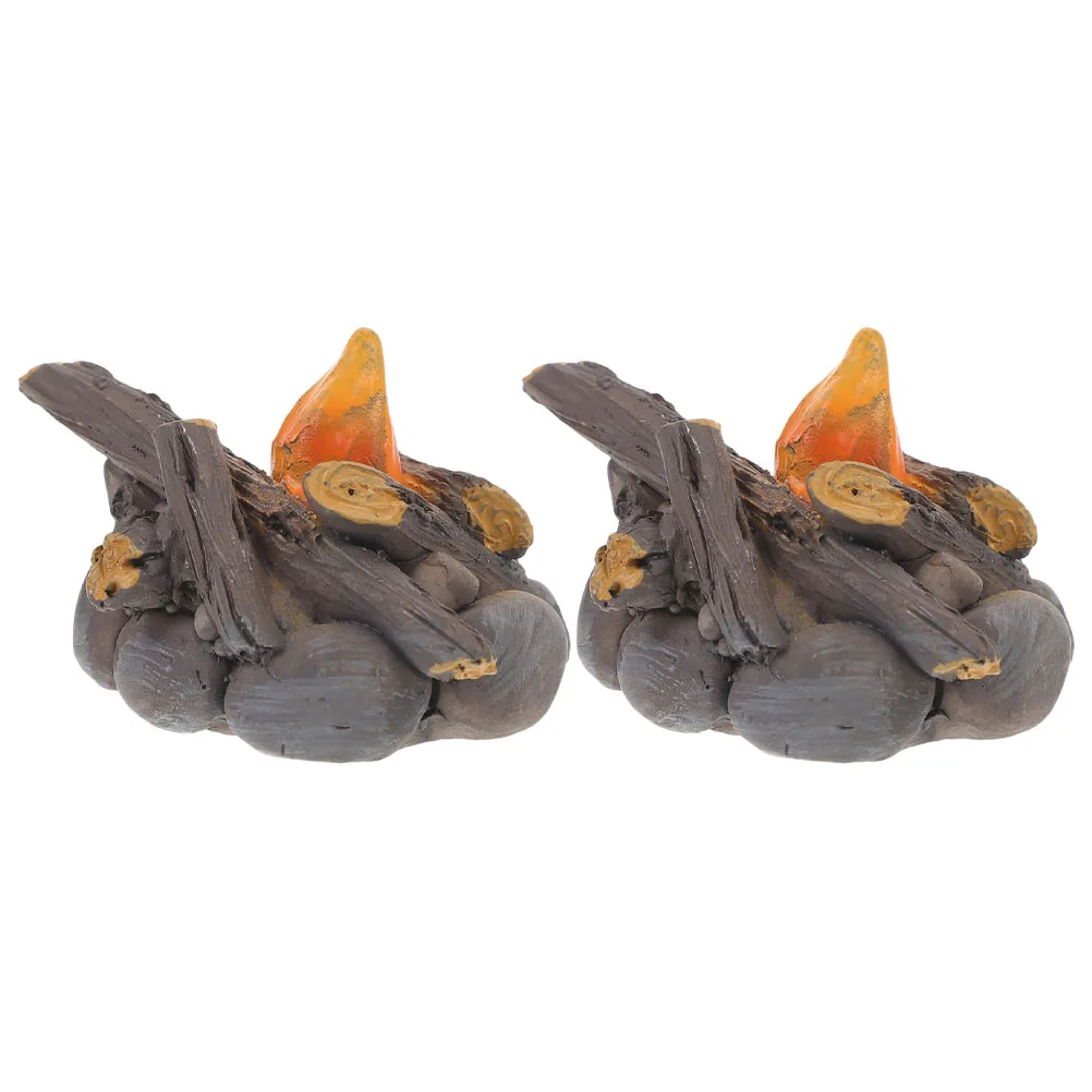 

2 Pcs Micro Landscape Ornament Fake Bonfire Flame Resin Decor Mini Iron Camping Decoration Campfire