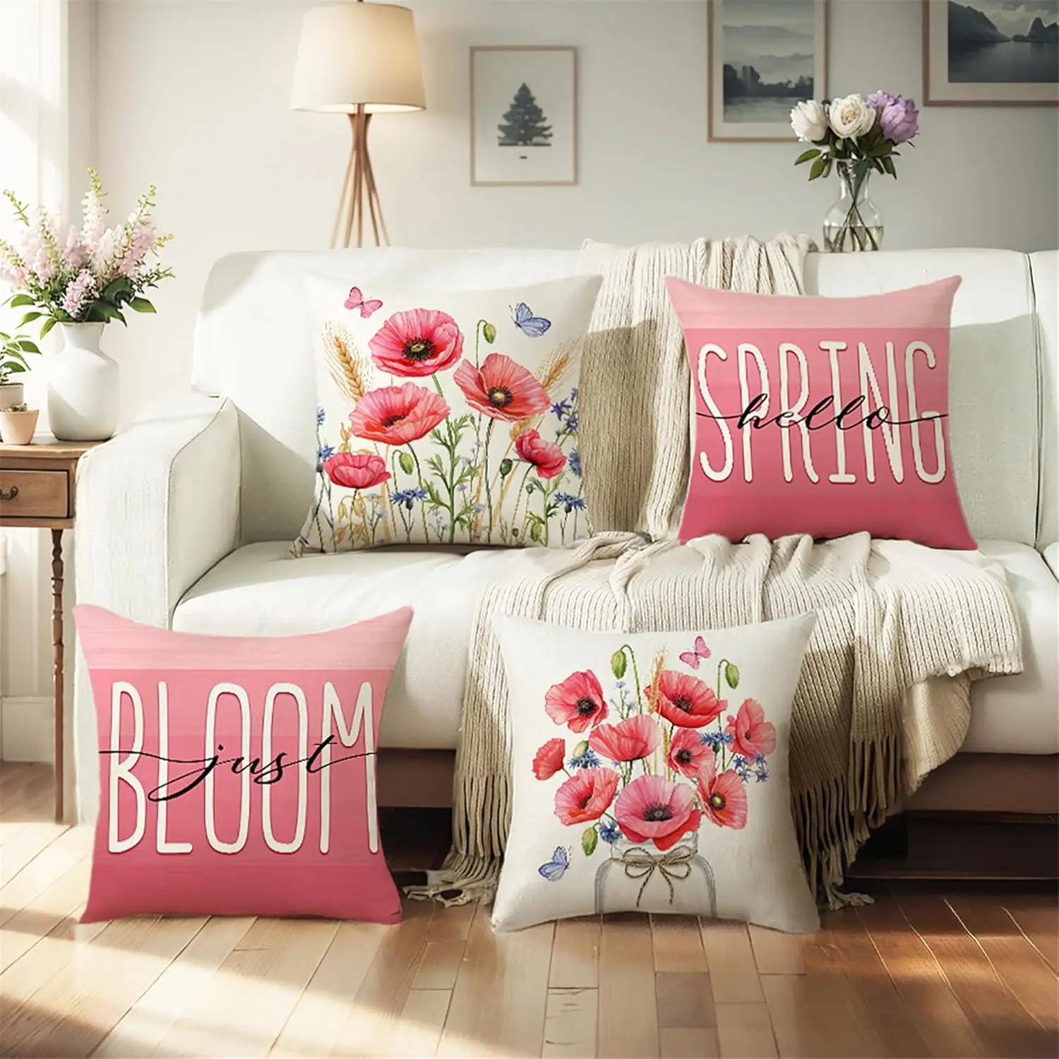 Pink Floral Throw Pillow Covers 18x18 in Set of 4, Flower Decorative Cushion Covers for Sofa Couch