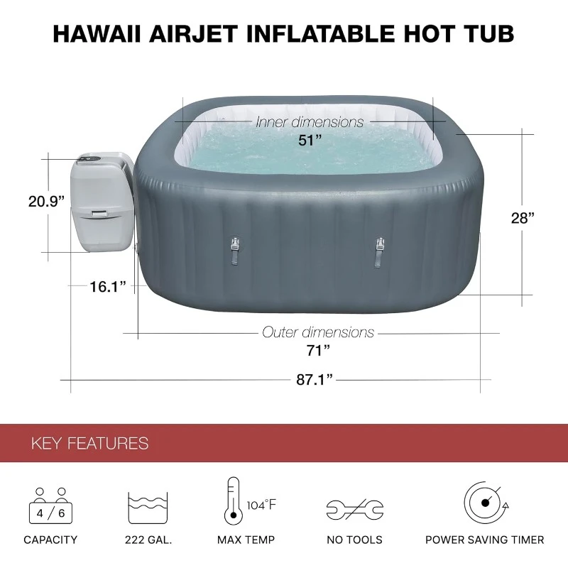 4-6 Person Inflatable Outdoor Hot Tub w/ 114 Jets & Cover, SaluSpa Hawaiii, Gray，home.