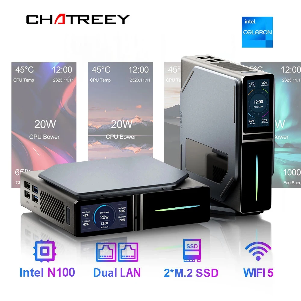 

Chatreey S1 Mini PC Intel Alder Lake N100 Windows 11 Ultra Small Pocket Computer Dual SSD 2xHDMI 2.0 4K 60Hz RGB