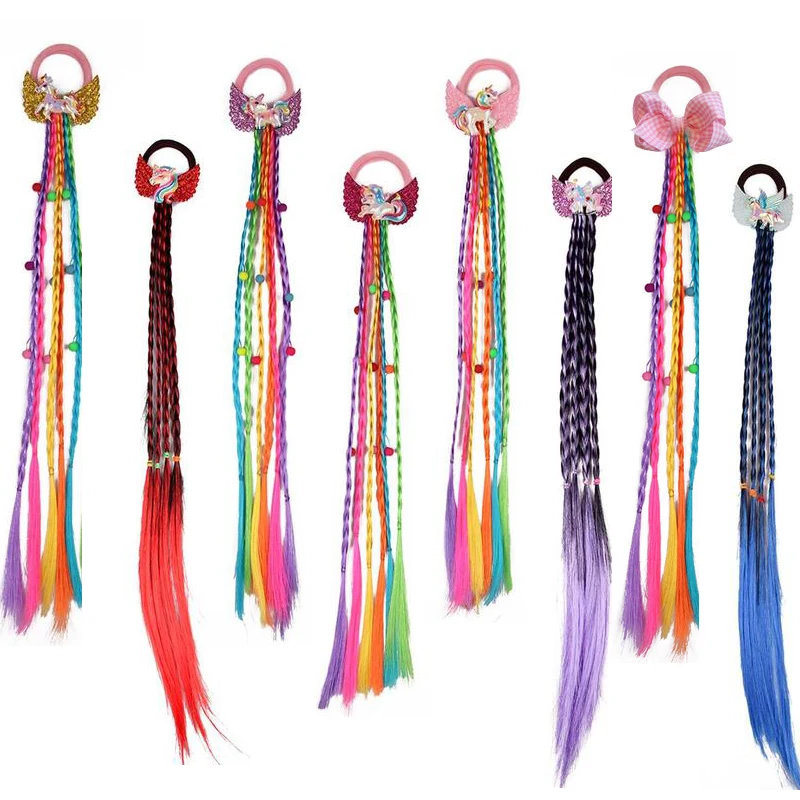 1/10PCS For Children Hair Braid Extensions with Rubber Bands Unicorn Ponytail Hair Accessories  Colorful Braided Wig Elastics