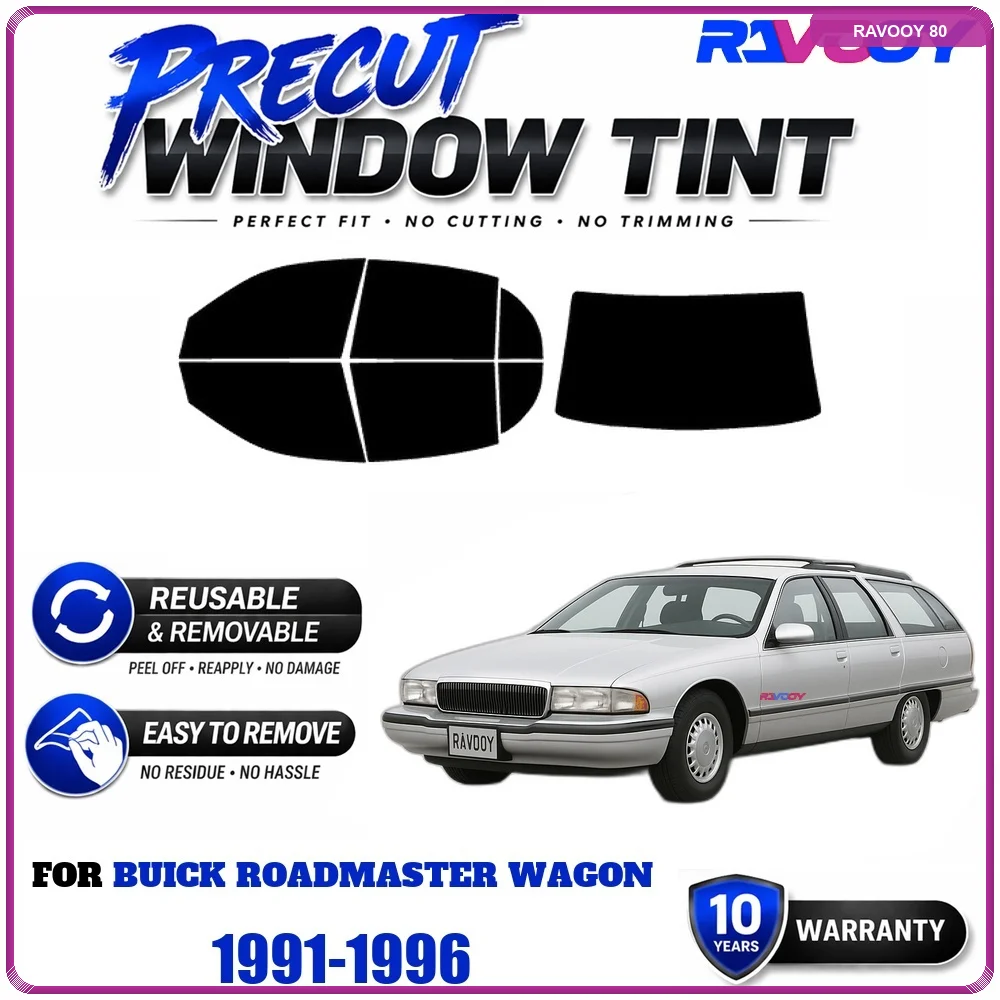 RAVOOY Precut Window Tint, Reusable Removable EPU Film, Custom Fit for Buick Roadmaster Wagon 1991-1996, UV Heat Protection