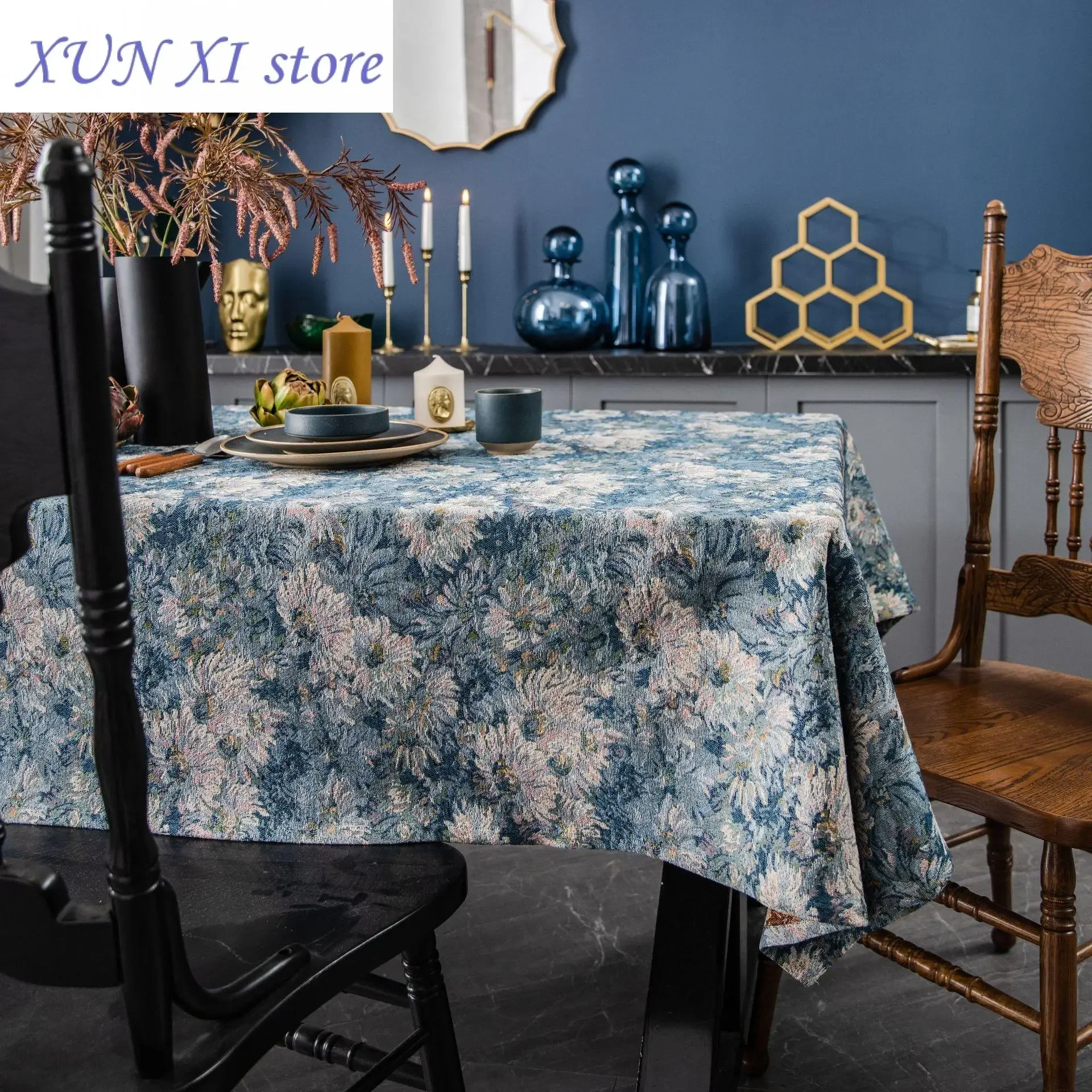 

New Blue Jacquard Oil Painting Tablecloth,Rectangular Dustproof Flower Table Cover,for Kitchen Dinning Coffee Table Decoration