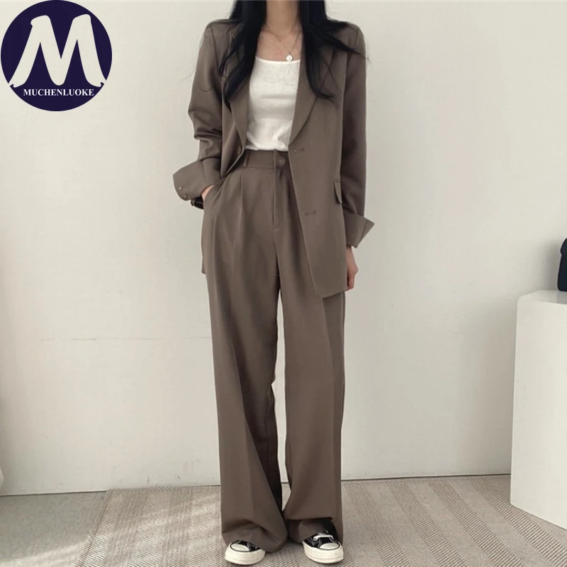 

Женский корейский модный комплект из двух предметов: пиджак с длинным рукавом и брюки с широкими штанинами, офисный повседневный стиль, свободный крой, весна-осень, новый фасон