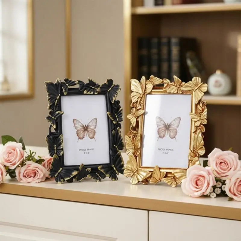 Classical Ornate Photo Frame Feature Multilayer Butterfly Carvings Resin Memorable Frame Stylish Embossed Shelf Decors Y5GB