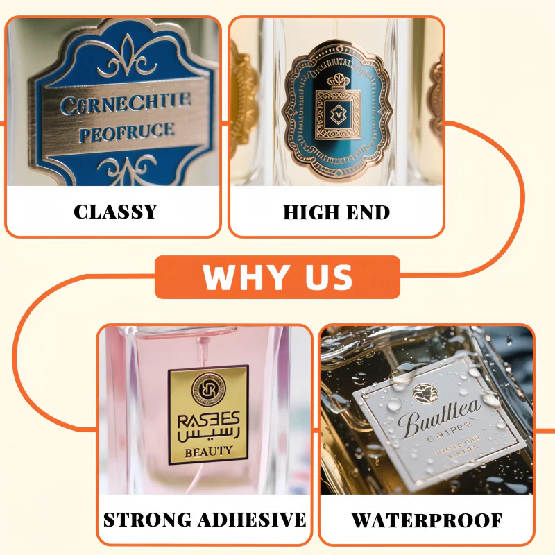 custom.Hot Selling Personalized Custom Metal Stickers Waterproof Perfume Label .