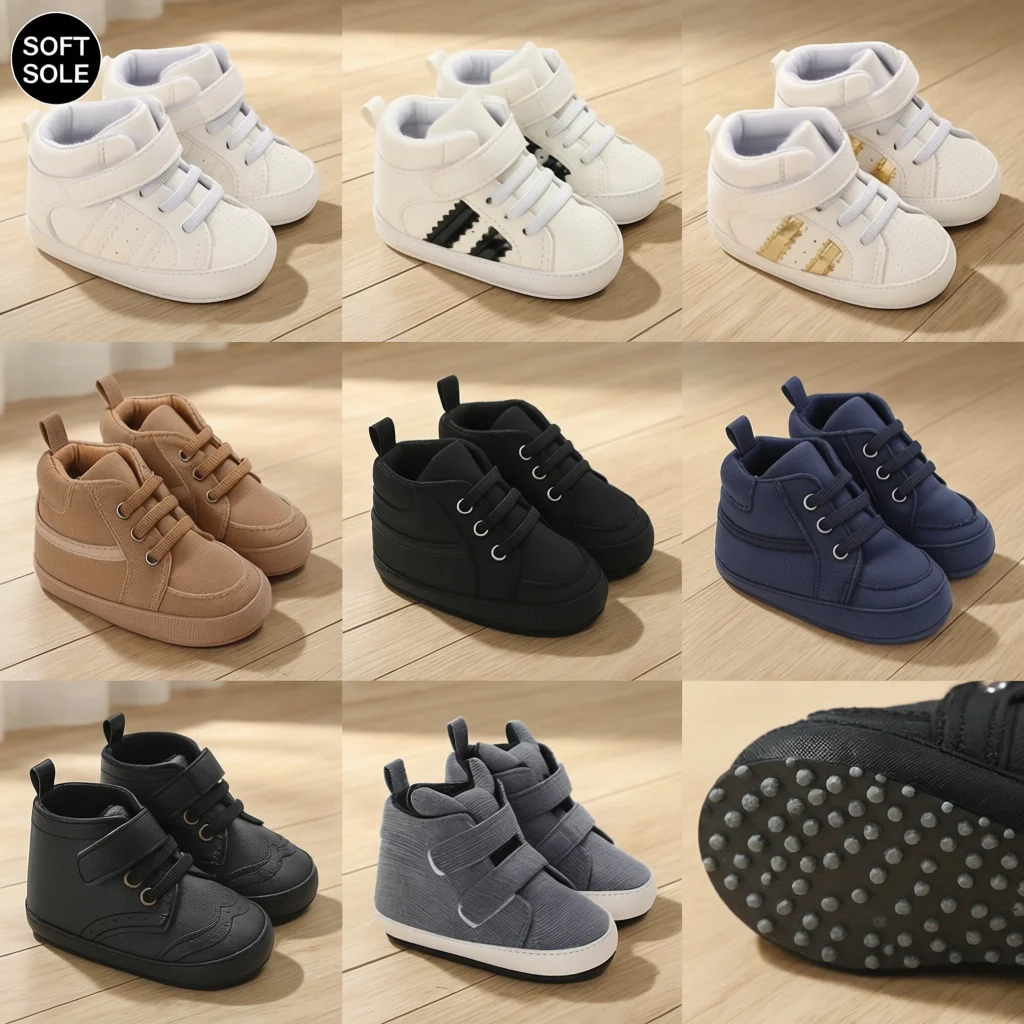 Baby Learning Walk Shoes, Striped PU Sports Shoes for Infants 0-18M, Soft Sole Lightweight Casual Footwear