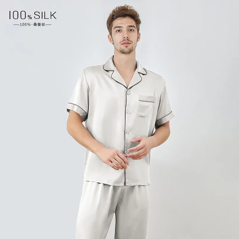 

2025 Autumn Men's 100% Silk Short Sleeve Pajama Set with Trousers 2PCS Sets Luxurious Loungewear Comfortable Homewear