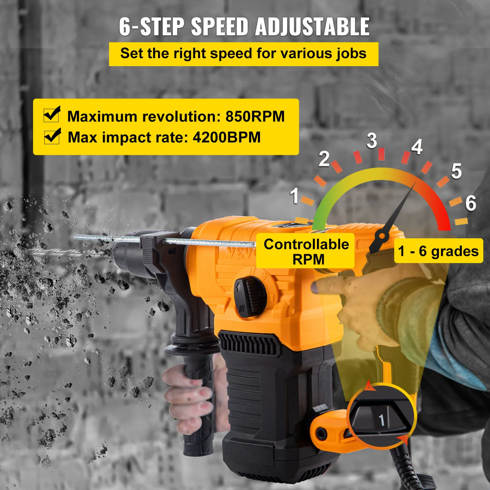 VEVOR 1500W trapano a percussione rotante foratura massima 32mm SDS Plus demolitore martello demolitore 4 modalità perforatore elettrico per calcestruzzo