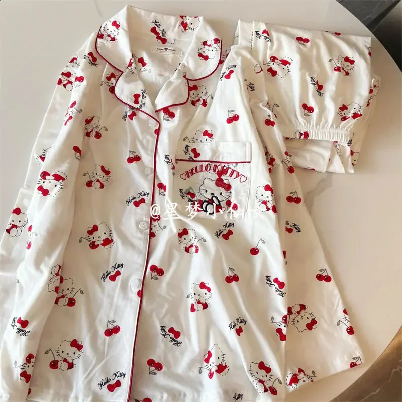 Piyama Hello Kitty wanita, set pakaian luar celana lengan panjang imut kartun Sanrio musim semi musim gugur dan dingin