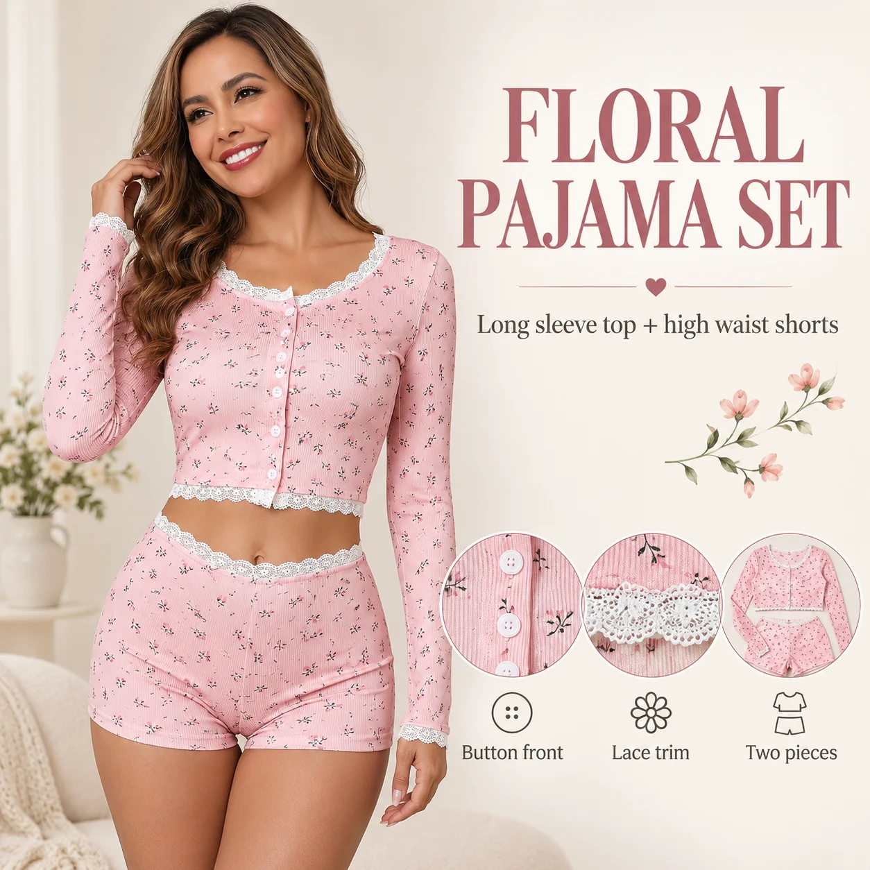 Women's Floral Lace Trim Pajama Set Long Sleeve Button Front Top and High Waist Shorts Two Piece Sleepwear Pink White