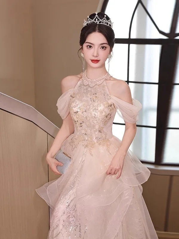 Suknia wieczorowa Princ Sle, długa, na wesele, zaręczyny, ceremonię, dla prowadzącej, damska, dla dorosłych, błyszcząca, luksusowa, z możliwością dostosowania rozmiaru.