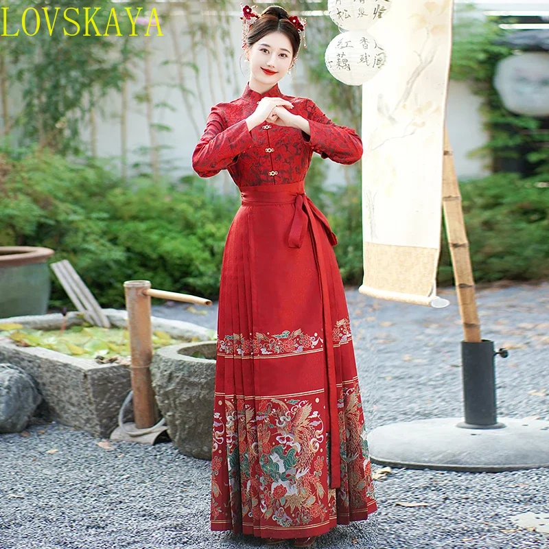 Chinese Festival Women's Hanfu Set Embroidered Horse Face Skirt Long sleeved Standing Collar Red Shirt Two piece Set