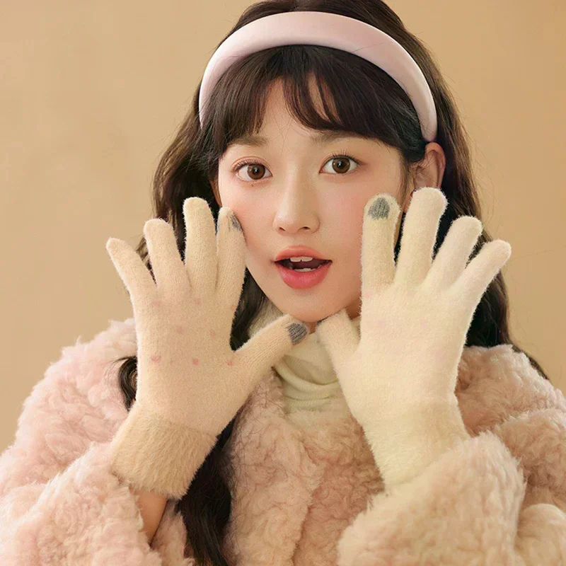 

Милые вязаные перчатки для женщин и мужчин, перчатки с сенсорным экраном, зимние теплые плюшевые варежки, велосипедные холодные перчатки с полным пальцем