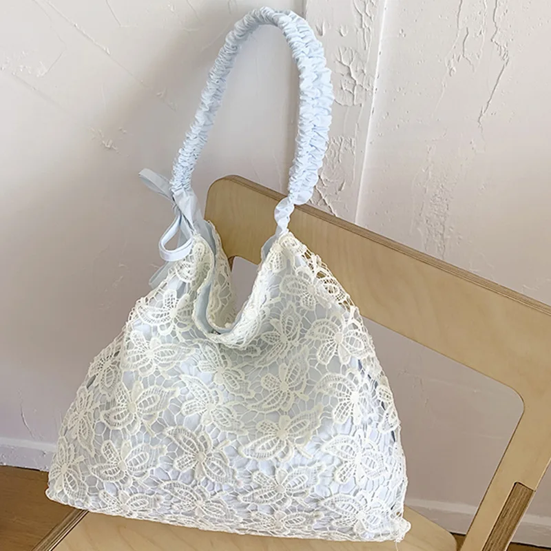 

Sweet Embroidery Lace Shoulder Bags for Women Large Capacity Ladies Pleated Strap Crossbody Bag Versatile Girls Handbag Tote