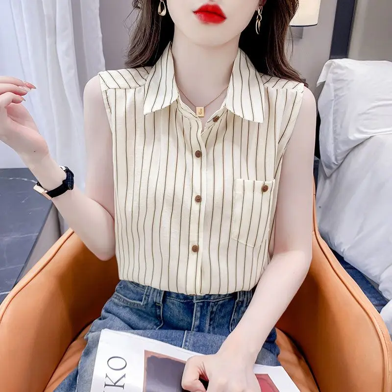 Summer Casual Women\'s Chiffon Sleeveless Striped Shirt Sweet Slim Top Office Lady All-Match Elegant Blouses With Pocket New Chic