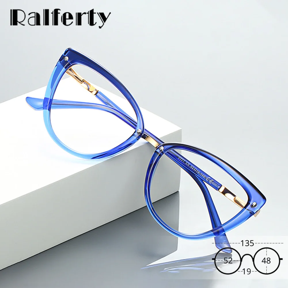 Ralferty Luxury Women's Eyeglass Frames Graduated Support Insert Optical Lenses with Custom Recipe No Diopter Spectacle Blue