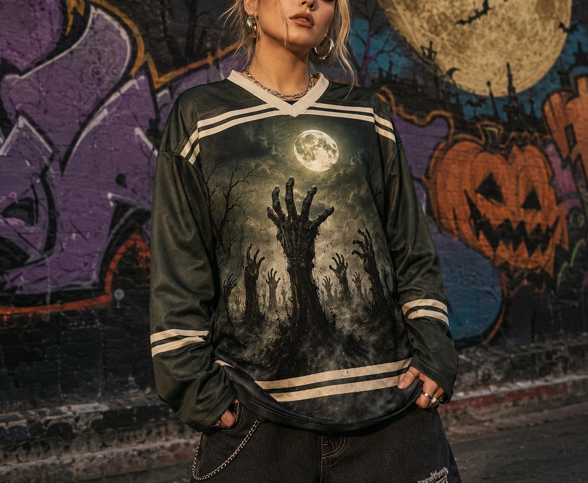 Halloween Undead Zombie Hands Graveyard Graphic Hockey Jersey 3D Print V Neck Long Sleeve Streetwear Tops Family Matching