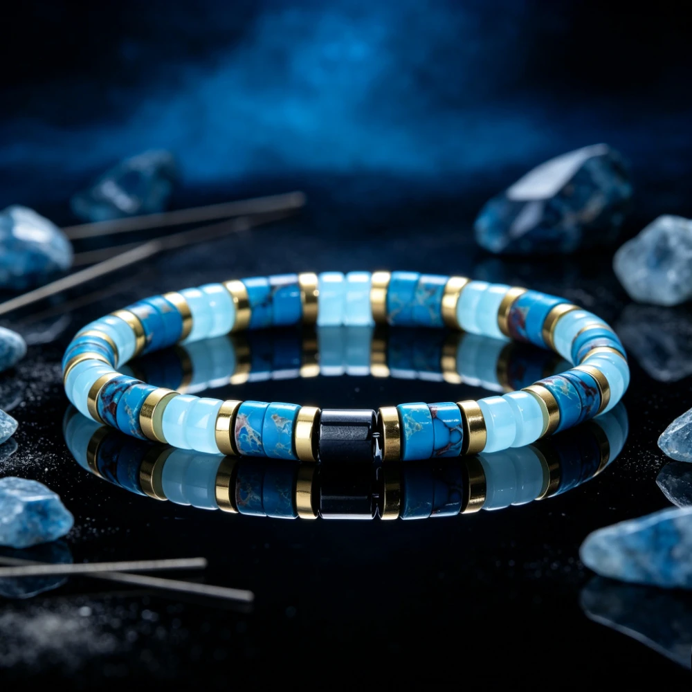 Business style blue emperor stone paired with sea blue stone flat bead bracelet, inspiring courage bracelet, unisex jewelry gift