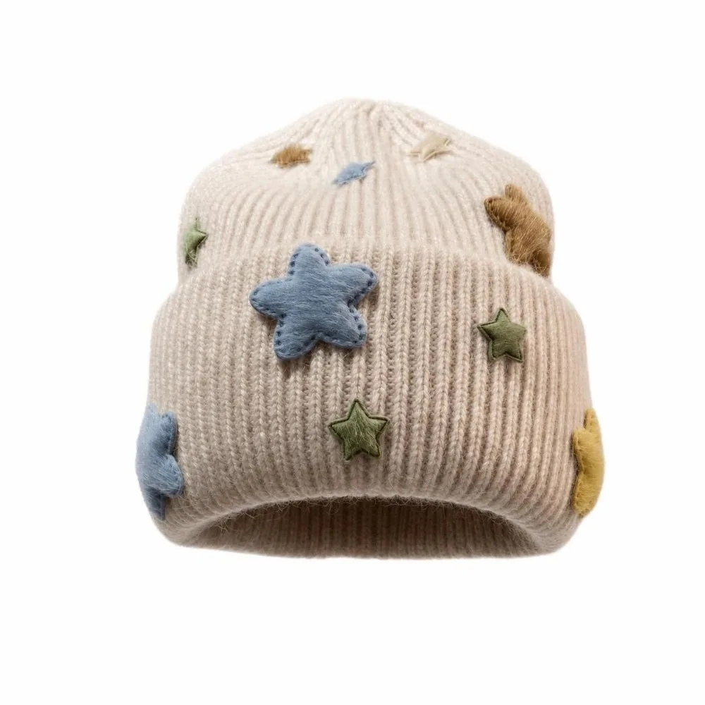 Soft 3D Star Knitted Beanie Hat Real Rabbit Fur Acrylic Blend Winter Skull Cap Thick Thermal Windproof Fuzzy Beanie For Women