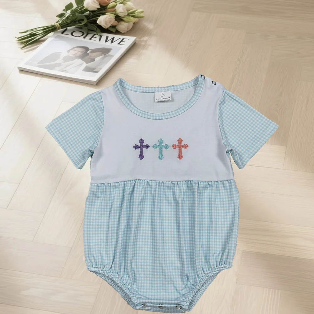 11.13 Embroidery Crosses Baby Boys Blue Checked Short Sleeve Easter Rompers
