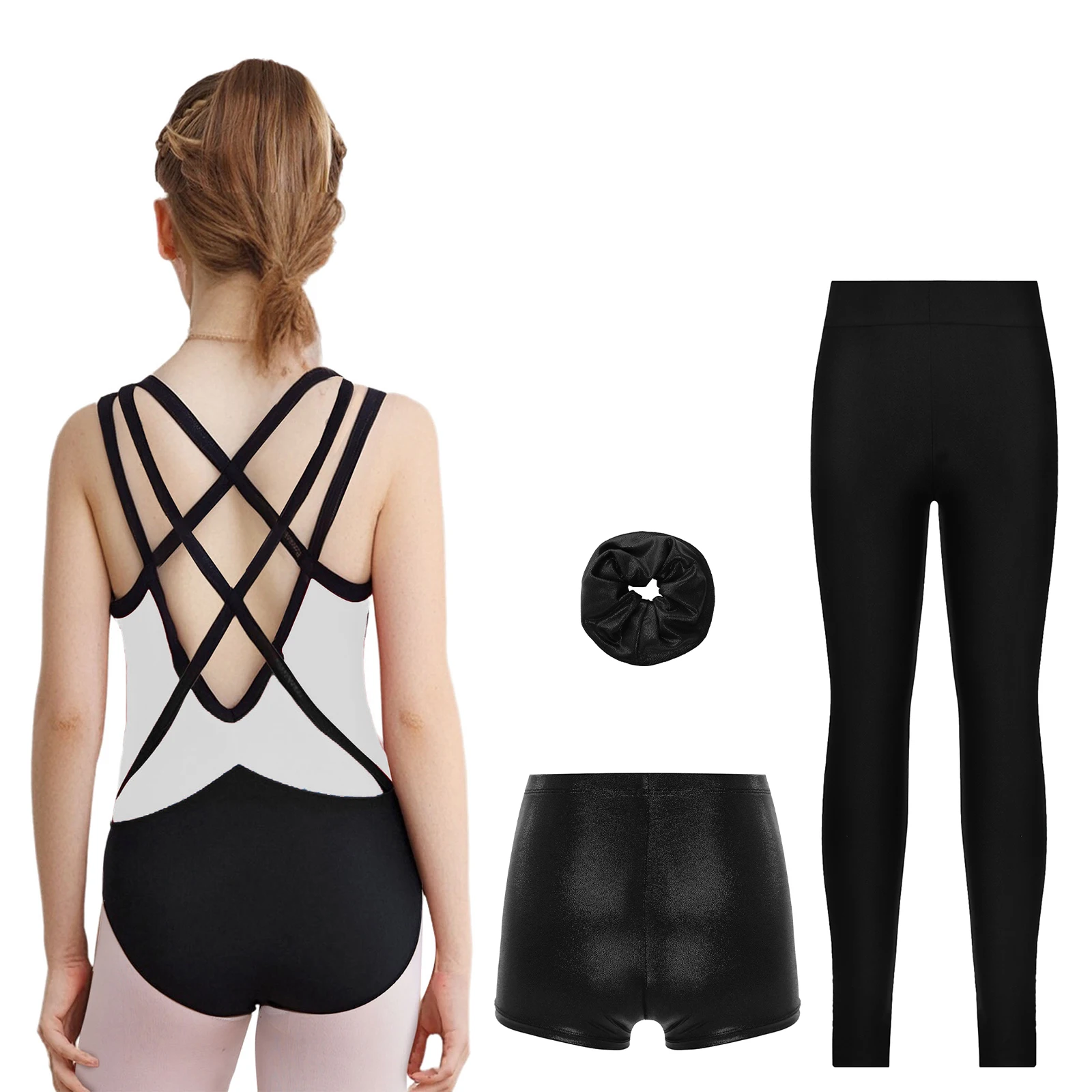 Conjuntos de ginástica de balé roupa esportiva para crianças meninas patinação artística roupa de dança collant com shorts leggings faixa de cabelo sem mangas