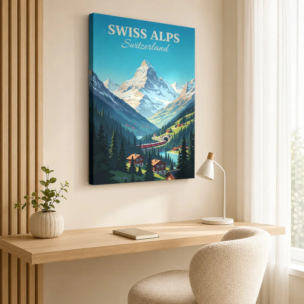 Swiss Alps Train Travel Canvas Print Poster Personalized Photo Retro Automotive Wall Paintings Decoration for Office Game Room
