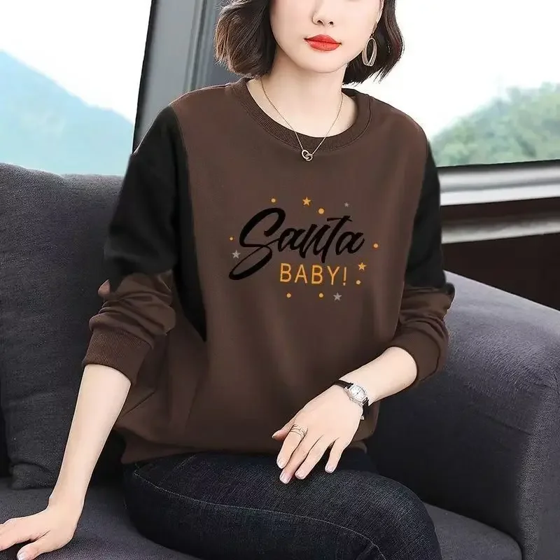 เสื้อยืดแขนยาวผู้หญิง ผ้ากำมะหยี่เยอรมัน ตัดต่อสีตัดกัน ดีไซน์หลวม ใส่แล้วดูอ่อนวัย  สำหรับผู้หญิง