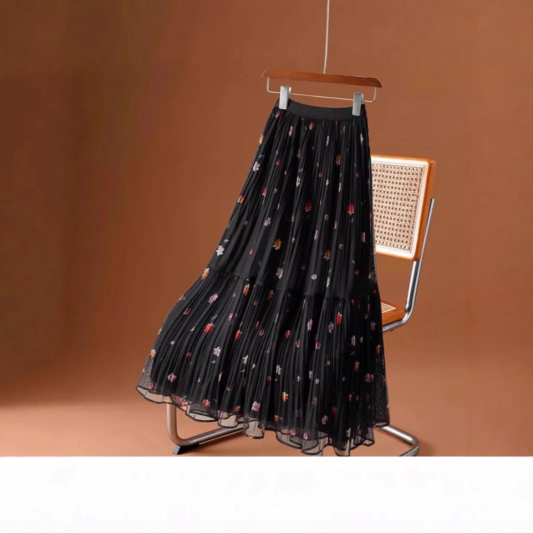 Petite jupe florale en maille plissée pour femmes, nouvelle jupe mi-longue en Tulle féerique, printemps et été