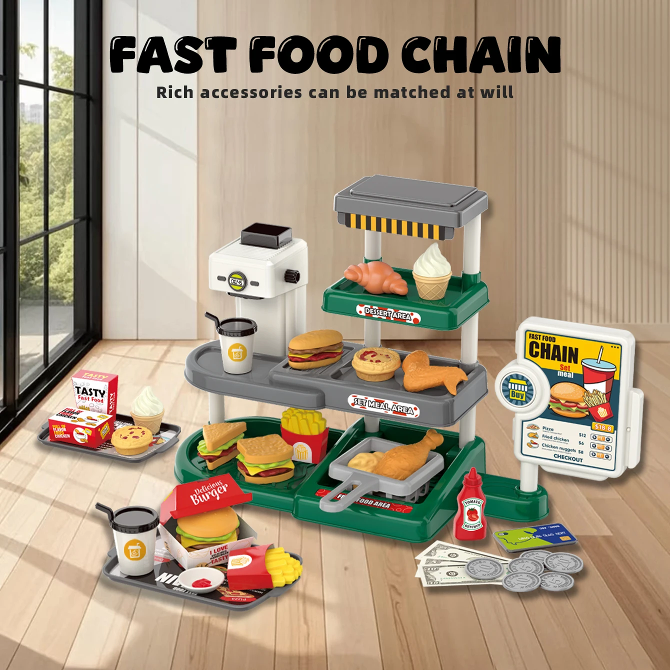 Kinderkeukenspeelset, fantasiespeelgoed voor baby's, mini-eettafel, fastfood-restaurantset voor jongens en meisjes