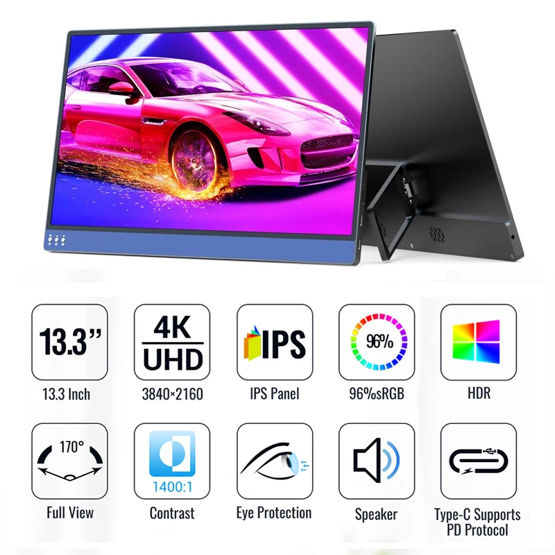 4K 13.3 Inch Ultra Light Portable Monitor 3840*2160 HDR 1400:1 96%sRGB IPS Screen Gaming Display For PC Laptop Xbox PS4/5 Switch