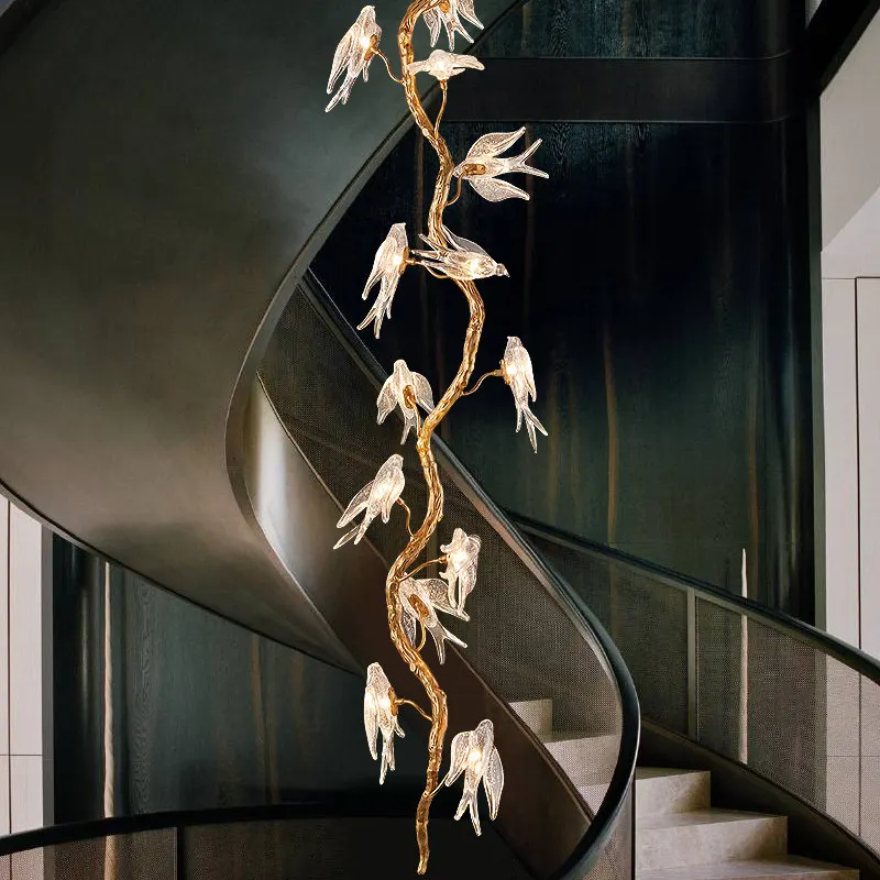 Bird wabi-sandy wind stair chandelier art duplex light luxury creative villa rotating living room