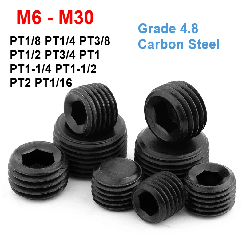 M6 - M30 PT1/16- PT2 Grade 4.8 Carbon Steel Metric/Imperial Hex End Plug Hydraulic Oil Plug Hex Socket End Cap Plug Pipe Fitting