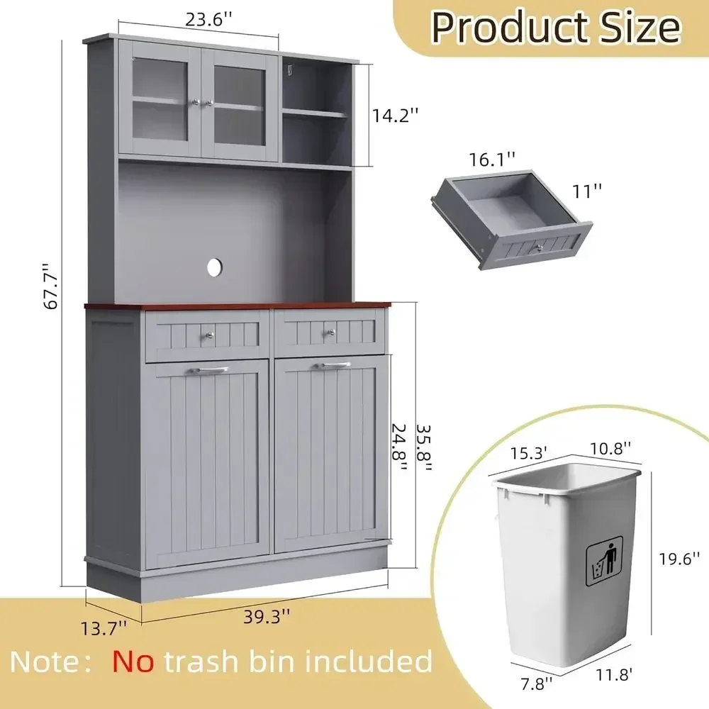 20 Gallon Dual Wooden Trash & Recycling Cabinet with Hideaway Bins (Gray)