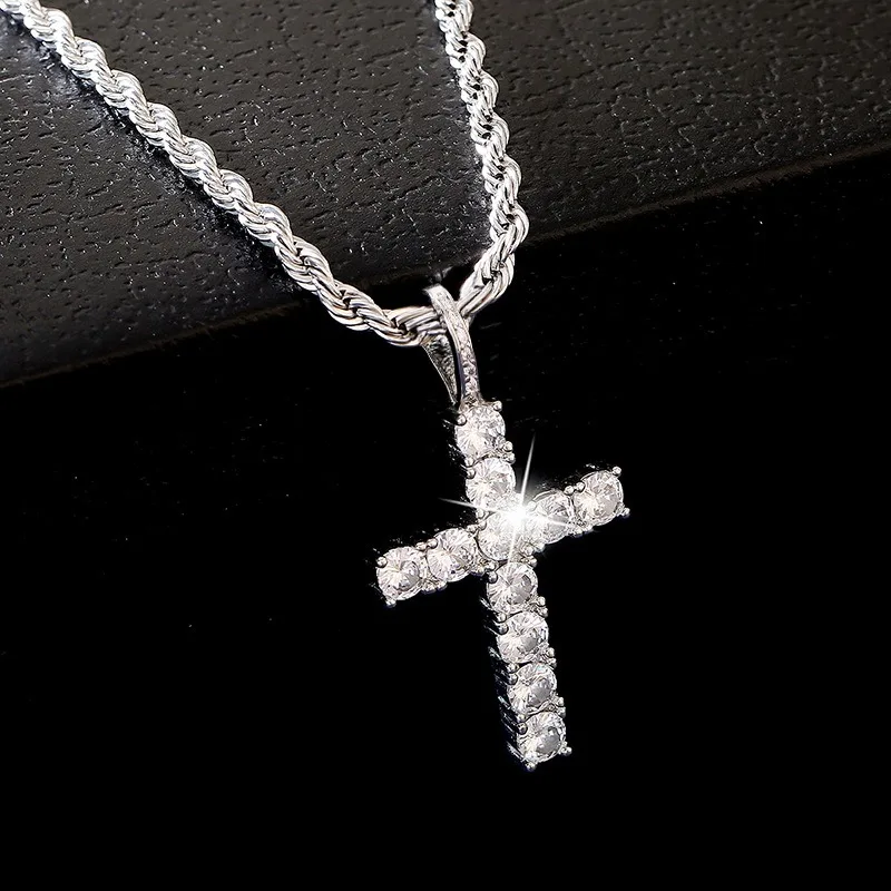 Luxury Cross Pendant Necklace For Women Sparkling White Cubic Zirconia Long Sweater Chain Wedding Party Fashion Jewelry Gifts
