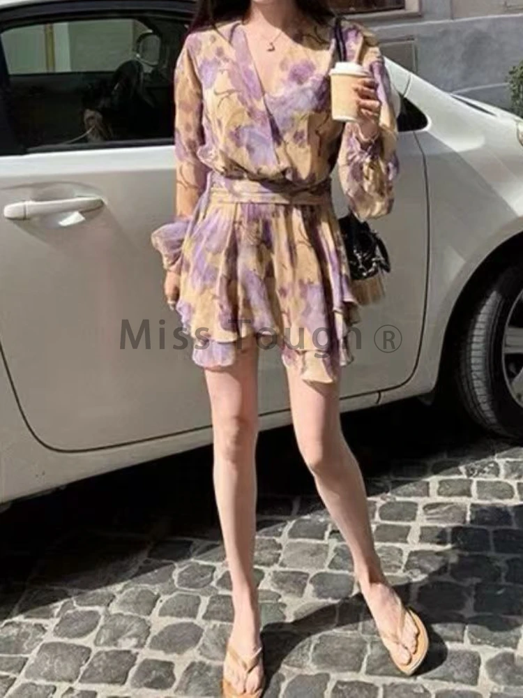 Autumn Floral Sweet Dress Women Patchwork Sexy Style Y2k Vintage Mini Dress Female Korean Fashion Princess Cute Print Dress 2024