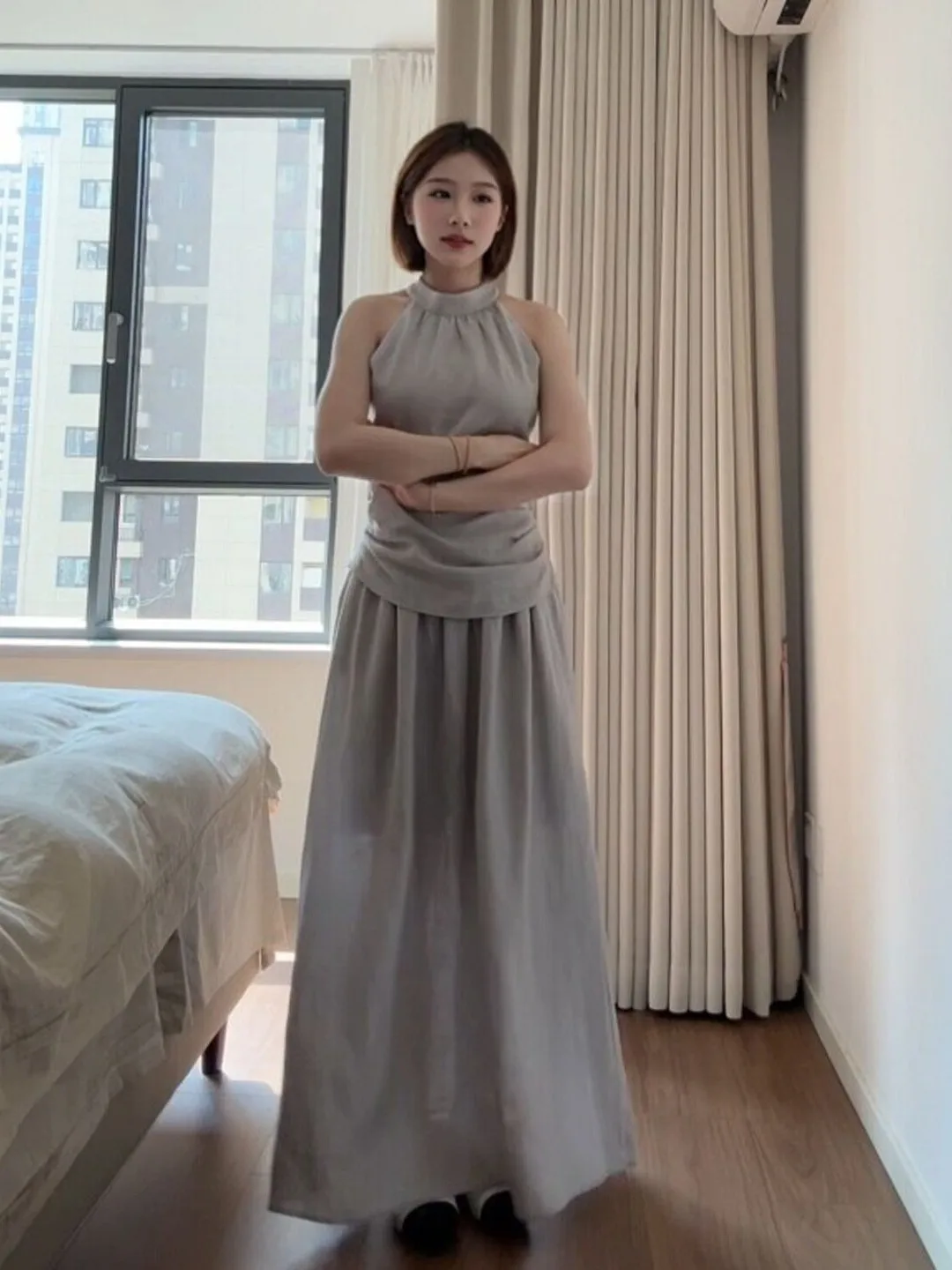 

Elegant Summer Outfit Unique Beautiful Halter Top Skirt Set Comfortable High Waist Long Skirt Trendy Two-Piece Set for Dating