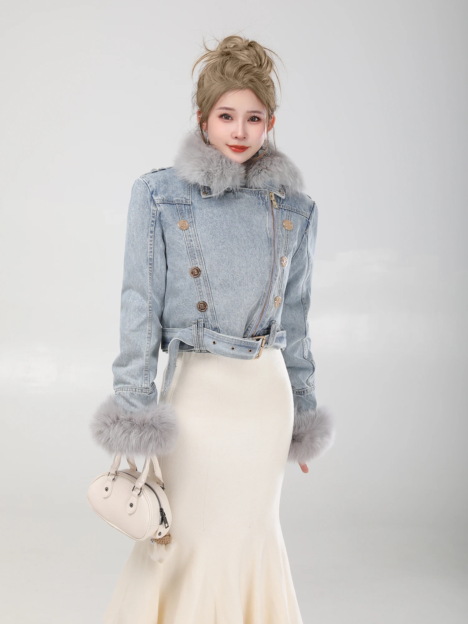 Commuter Retro All-Match Long-Sleeve Women\'s Coats Autumn and Winter Detachable Short Fur Collar Slim Fleece-Lined Denim Jackets