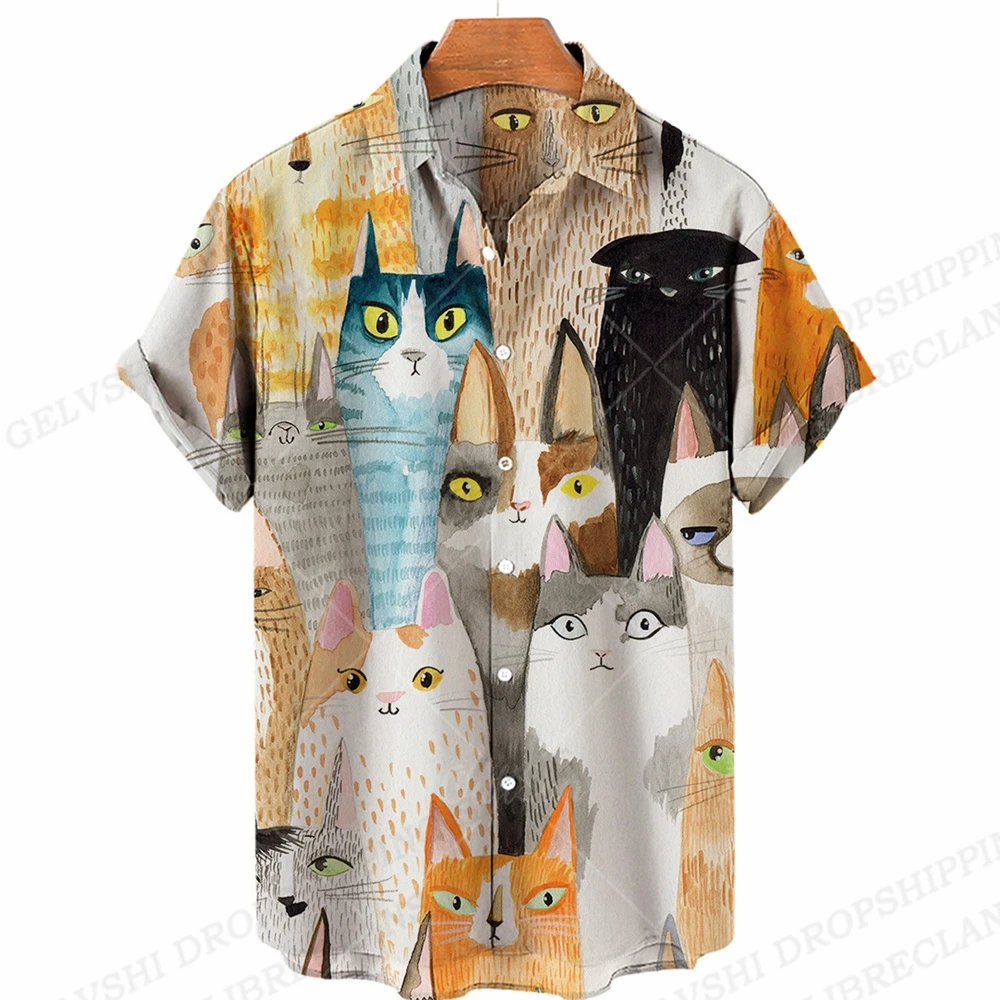 Camisas hawaianas con estampado 3D para hombre y mujer, camisa de moda, blusa de playa, blusas de vacaciones, ropa de animales, gato, Verano