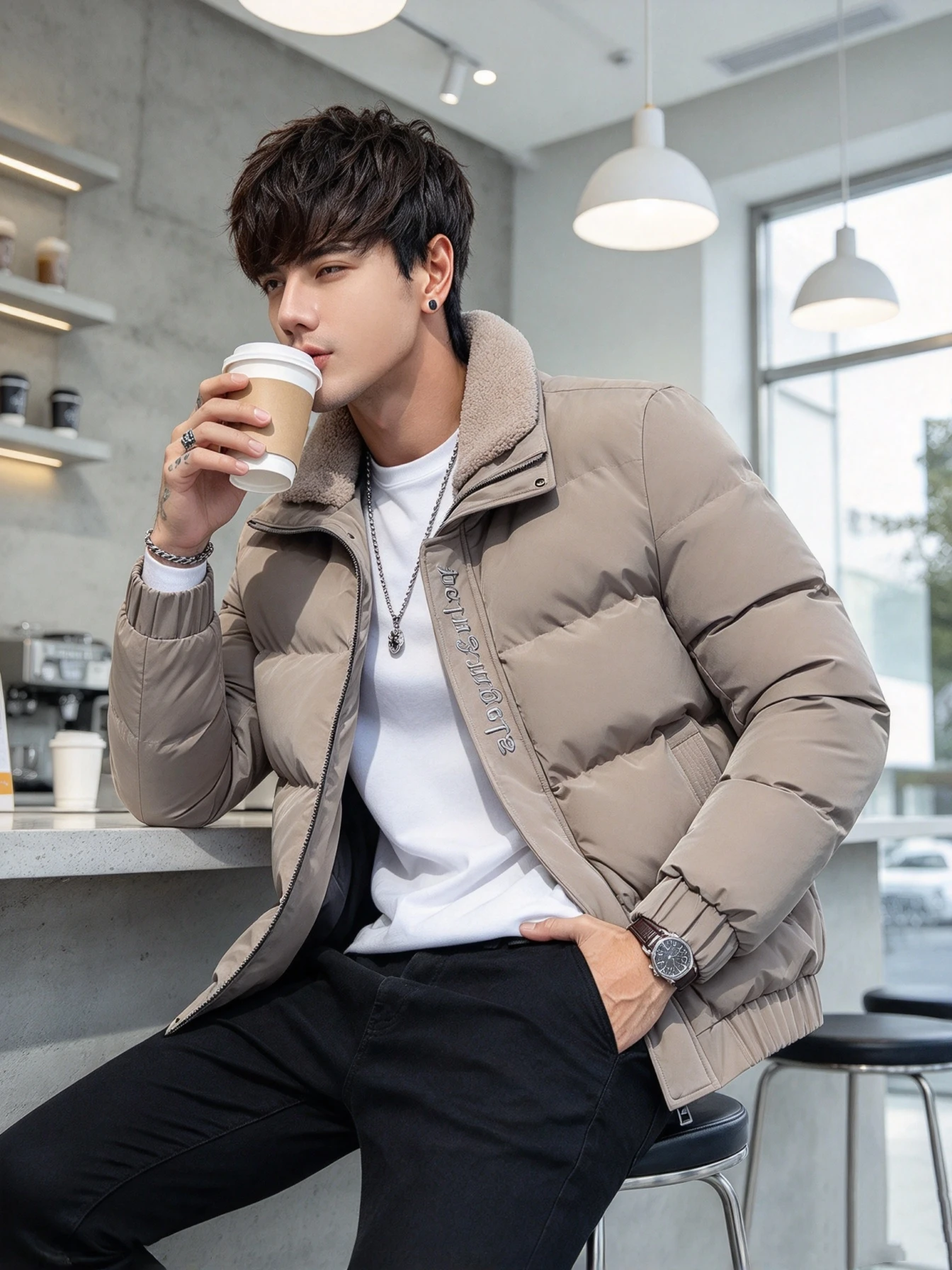 Fleece Lined Stand Collar Puffer Jacket Men Zip Up Warm Windproof Casual Short Winter Outerwear Coat