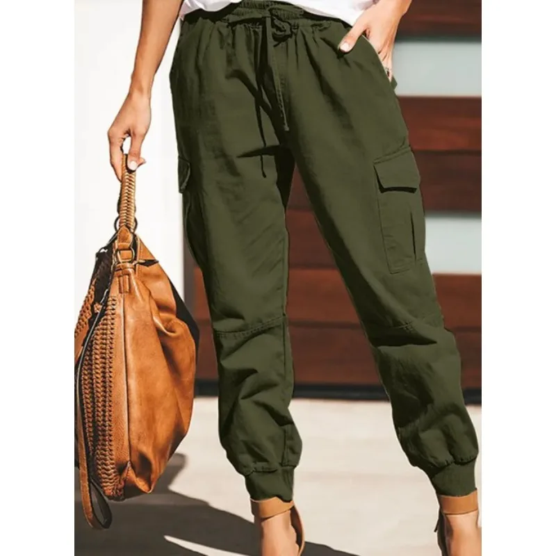 

2024 Spring Summer Cargo Pants Women's Vintage Pocket Stitching Drawstring Pants Women's Workwear Solid Color Loose Pencil Pants