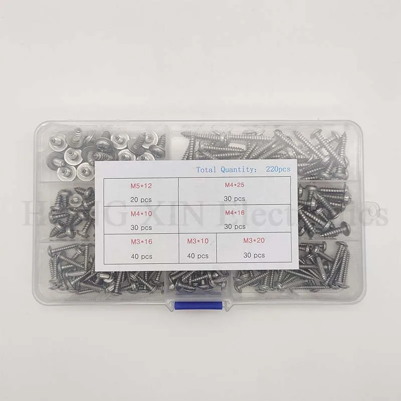 Zelfborende Schroeven, 220Pcs M3 M4 M5 304 Rvs Zelftappende Schroeven Zelf Tappers Schroef Assortiment Set