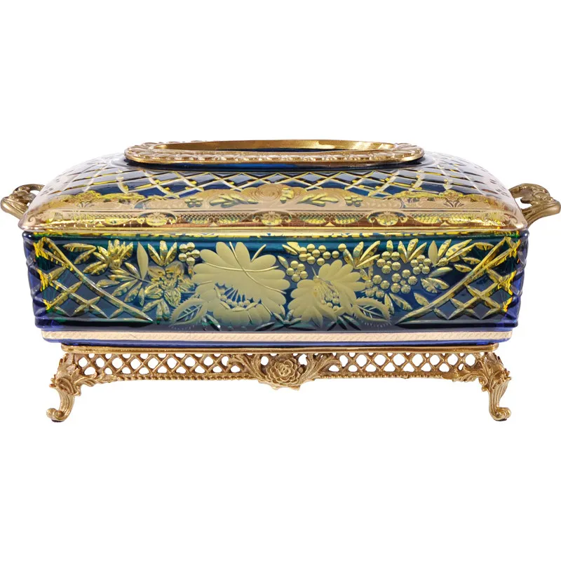 &c European-style Glass Light Blue Hand-carved Copper Base Rectangular Tissue Box High-end Home